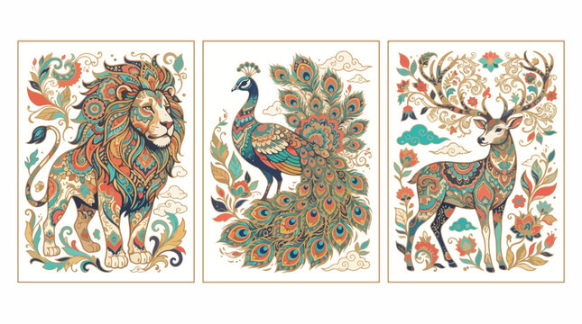 Majestic lion colorful peacock and elegant deer depicted in detailed vector graphic style featuring intricate floral patterns and ornate textures