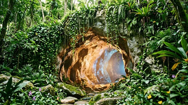 Glowing cave entrance hidden in lush tropical jungle foliage scenery
