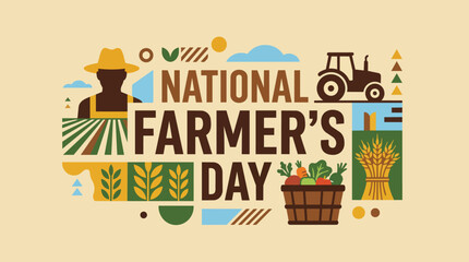 Fototapeta premium National Farmer's Day celebration with farmer silhouette agricultural tractor crop fields and fresh harvest vegetable bushel in rustic farm flat style for agricultural tribute poster