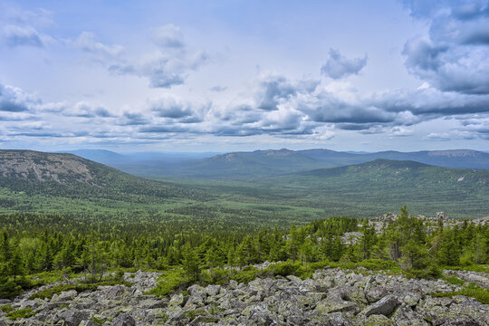 View of the endless Ural taiga from the top of Mount Bolshoy Nurgush, Chelyabinsk region of Russia