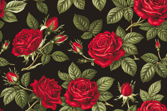 Vintage floral seamless pattern with red roses and green leaves on black background