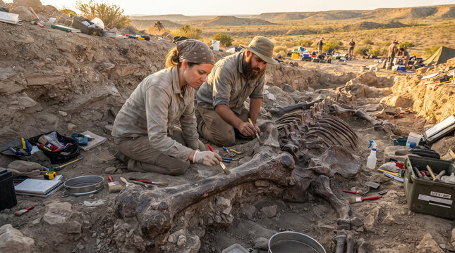 Paleont&oacute;logos desentierran cuidadosamente f&oacute;siles de dinosaurios en una excavaci&oacute;n cient&iacute;fica, revelando huesos prehist&oacute;ricos entre capas de tierra en un paisaje &aacute;rido.