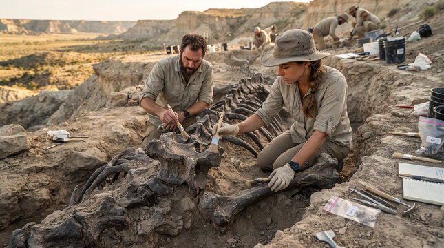 Paleont&oacute;logos desentierran cuidadosamente f&oacute;siles de dinosaurios en una excavaci&oacute;n cient&iacute;fica, revelando huesos prehist&oacute;ricos entre capas de tierra en un paisaje &aacute;rido.