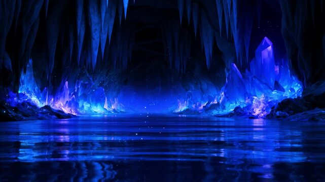 Luminous Blue Crystal Cave with Stalactites and Mirror-Like Underground Water, UHD Seamless Animation