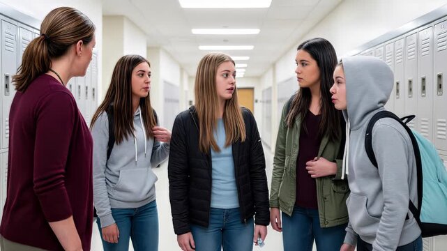 Teacher addressing group of teenage students in school hallway. Educational discipline and student behavior concept. Lockdown medium shot.
