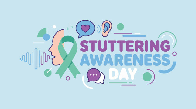 International Stuttering Awareness Day with sea green ribbon speaking head silhouette speech bubbles and sound waves in supportive speech therapy flat style for speech disorder advocacy