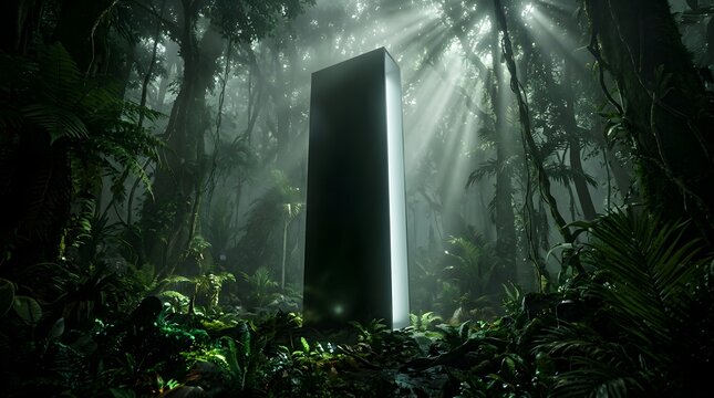 Mysterious monolith structure standing in a lush tropical jungle forest