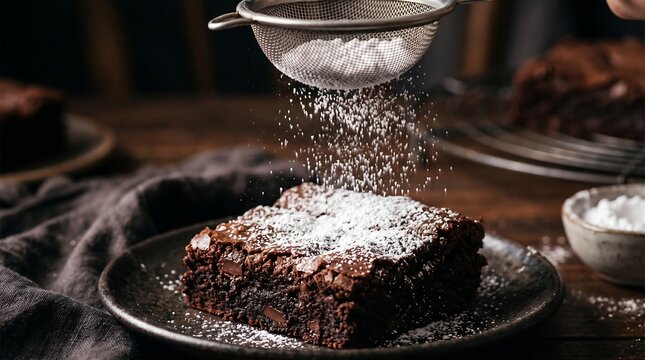 Rustic chocolate brownie with powdered sugar, dark cocoa dessert on plate, sifting sugar over homemade fudge cake