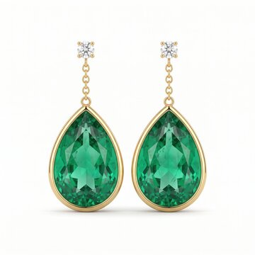 Elegant and luxurious emerald drop earrings with vibrant green and gold in bright studio lighting, featuring faceted teardrop gemstones in polished metal for fine jewelry advertising.