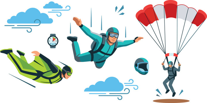Skydiving Extreme Sport Vector Character Set Featuring Skydiver Freefalling Flying in Wingsuit Landing with Red Parachute and Altimeter Watch