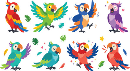 Naklejka premium Colorful Funny Cartoon Parrots Collection Flat Vector Illustration