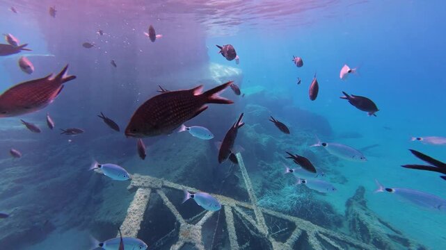 Underwater view of saddled bream and damselfish swimming around a submerged metal frame structure, slow motion