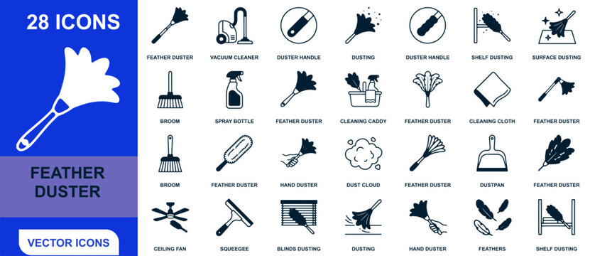 Set of 28 cleaning and feather duster icons