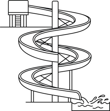 Amusement aquapark open spiral water slide layout leading into swimming pool splash line art vector icon illustration,