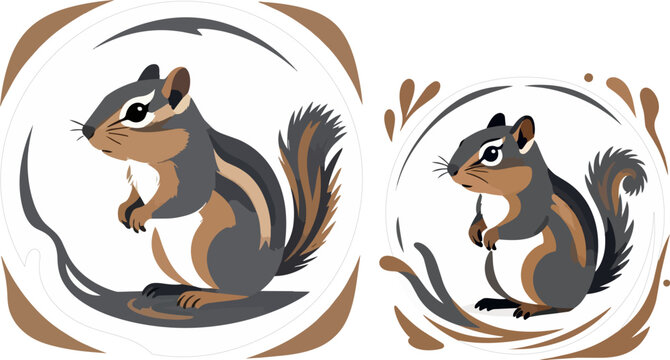 Stylized chipmunk vector illustration set, cute forest animal icons in brown and grey, minimalist squirrel character design for nature branding