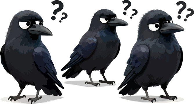 Funny crow cartoon characters with question marks, confused black raven bird illustrations, set of 3 grumpy crow vectors