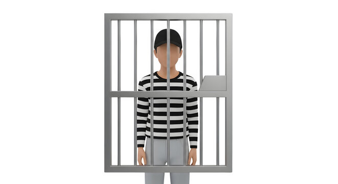 Prisoner character wearing striped shirt standing behind metal jail bars isolated on a transparent background