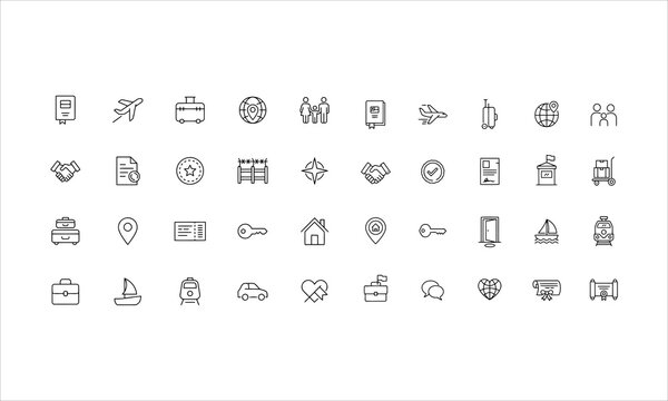 Set outline icons related to immigration. Linear icon collection. Editable stroke. Vector illustration
