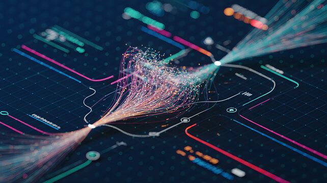 Futuristic Digital Data Visualization with Neon Particles and Connection Lines on Dark Tech Background Grid Concept