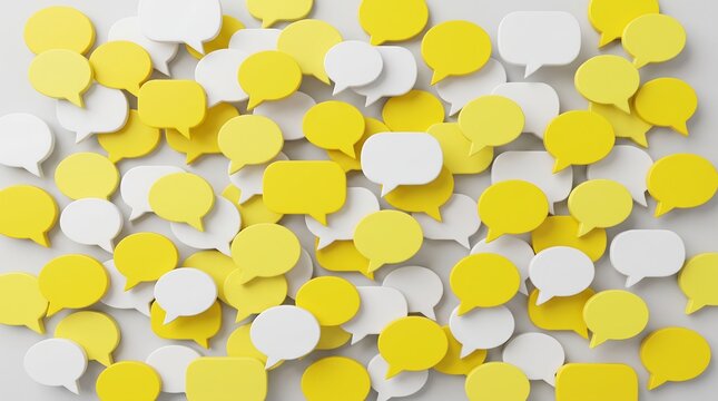 Yellow and white speech bubbles, 3D chat icons scattered on gray background, communication and social media concept