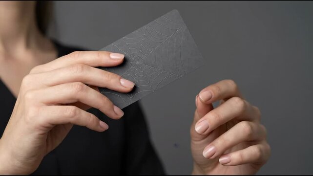 Gray card with spider web pattern held by hand with natural nails neutral gray background, minimalistic style close up shot black