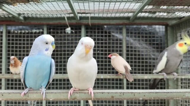 Multiple Fischer Lovebirds in cage	
