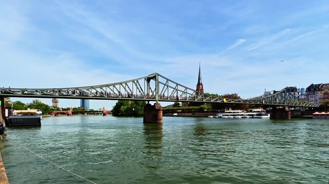 View across the Main River toward the historic Eiserner Steg footbridge and central Frankfurt.