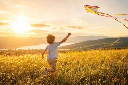 Happy child running toward the glowing sun with a kite, representing freedom, joy, imagination and carefree summer childhood.