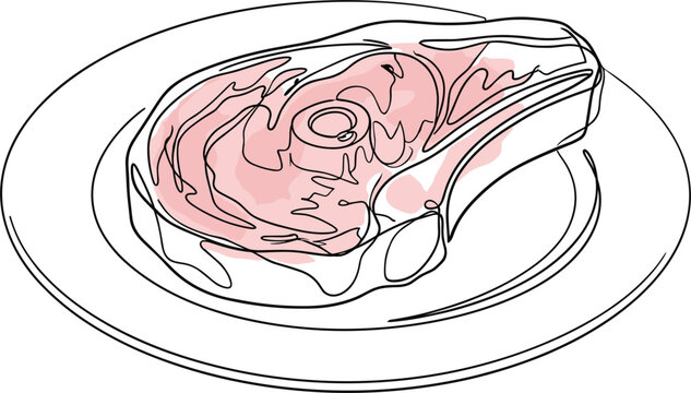 Fresh raw beef steak with marble texture served on white round plate for restaurant menu design food concept