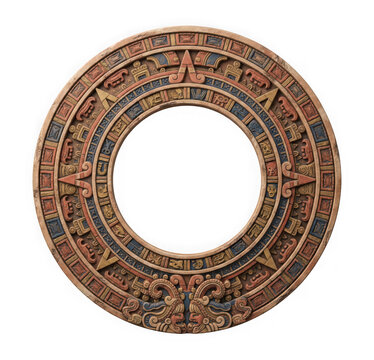 Decorative circular wall frame with intricate mayan or aztec style carvings and colorful patterns isolated on transparent background