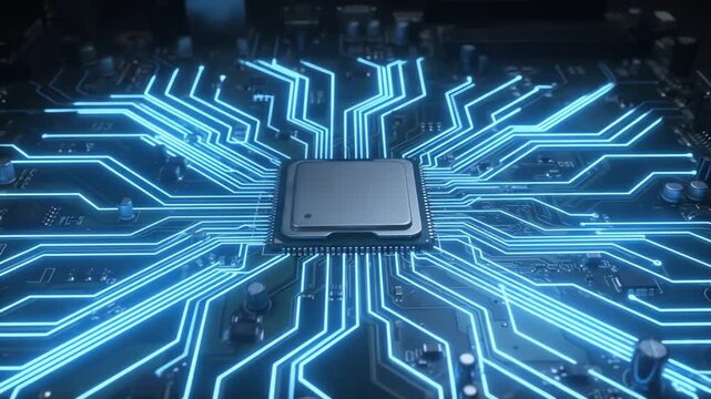 Abstract digital background with a central processor unit and glowing blue circuit board lines.
