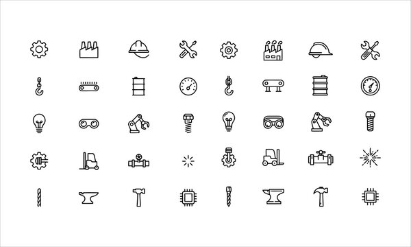 Set outline icons related to industrial. First set. Linear icon collection. Editable stroke. Vector illustration
