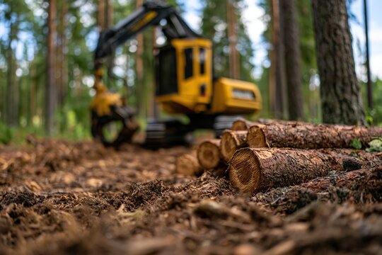 Tracked feller buncher harvesting conifer trees at forest edge with hydraulic arm