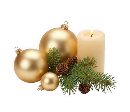 Christmas centerpiece with gold ornaments, pine branches, pinecones, and a lit candle isolated on transparent background