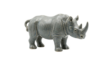Fototapeta premium Rhinoceros figurine sculpture stock photo. Gray ceramic rhino statue with double horn and textured skin details. Studio cutout isolated on solid white background for wildlife projects