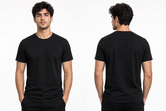 uomo t-shirt nera pubblicit&agrave; davanti e dietro 