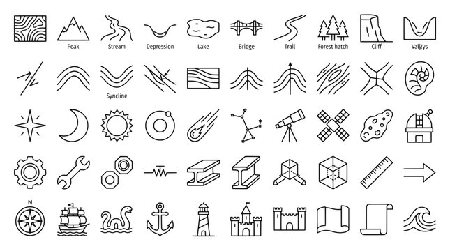 Line art icons illustrating geography landforms space engineering mechanics cartography with geography landform engineering