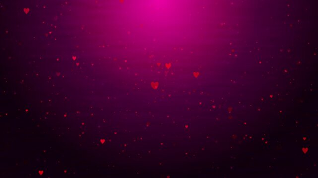 Abstract romantic pink background featuring animated floating red hearts and soft glowing bokeh particles. Ideal for Valentine Day, weddings, anniversary themes, and love concepts.