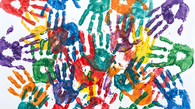 Colorful handprints made with paint on a white background as a concept