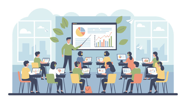 Teacher explaining business statistics and graphs on a presentation screen to a classroom of diverse students.