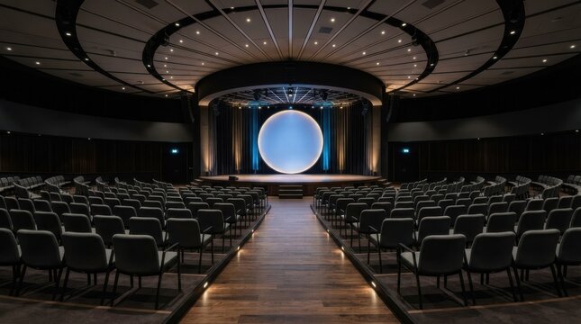 Modern circular auditorium with tiered seating and stage spotlight for corporate conference.