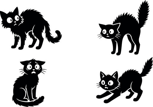 Spooky black cat vector silhouettes set featuring arched back terrified feline characters for halloween decoration projects