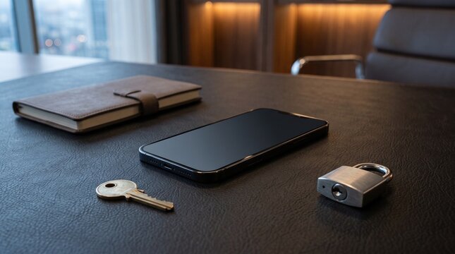 Smartphone key padlock notebook on a dark office desk representing digital security and privacy with mobile phone security lock metal key dark table cyber security secret data