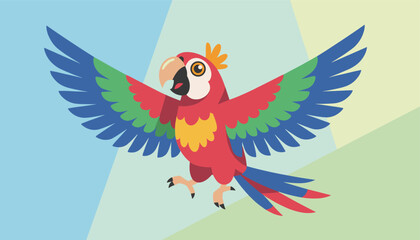 Fototapeta premium Colorful cartoon parrot flies gracefully against a modern geometric background of pastel colors, highlighting tropical avian beauty.