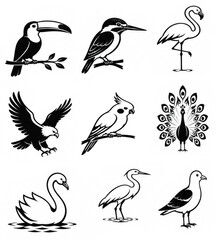 Naklejka premium Black and White Bird Vector Icon Collection with Toucan, Kingfisher, Flamingo, Eagle and Peacock
