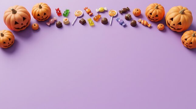 A delightful assortment of colorful halloween candy and small decorative pumpkins are artfully arranged on a soft pastel purple backdrop with ample copy space