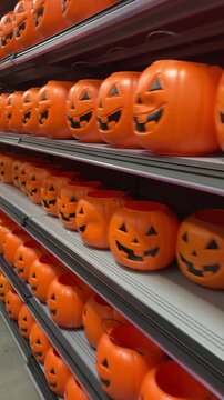 Dozens Halloween Plastic Pumpkin Candy Buckets Filling Store Shelves &ndash; Vertical Panning Shot