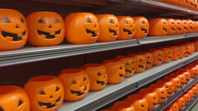 Dozens Halloween Plastic Pumpkin Candy Buckets Filling Store Shelves &ndash; Horizontal Panning Shot