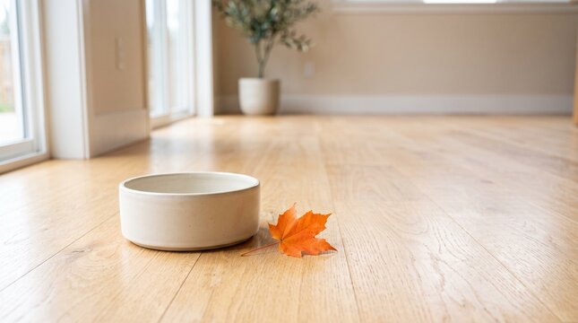 Ceramic dog bowl and autumn maple leaf on wooden flooring