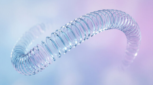 Abstract 3d render of a translucent glass coil or spring structure with a soft gradient blue and purple background
